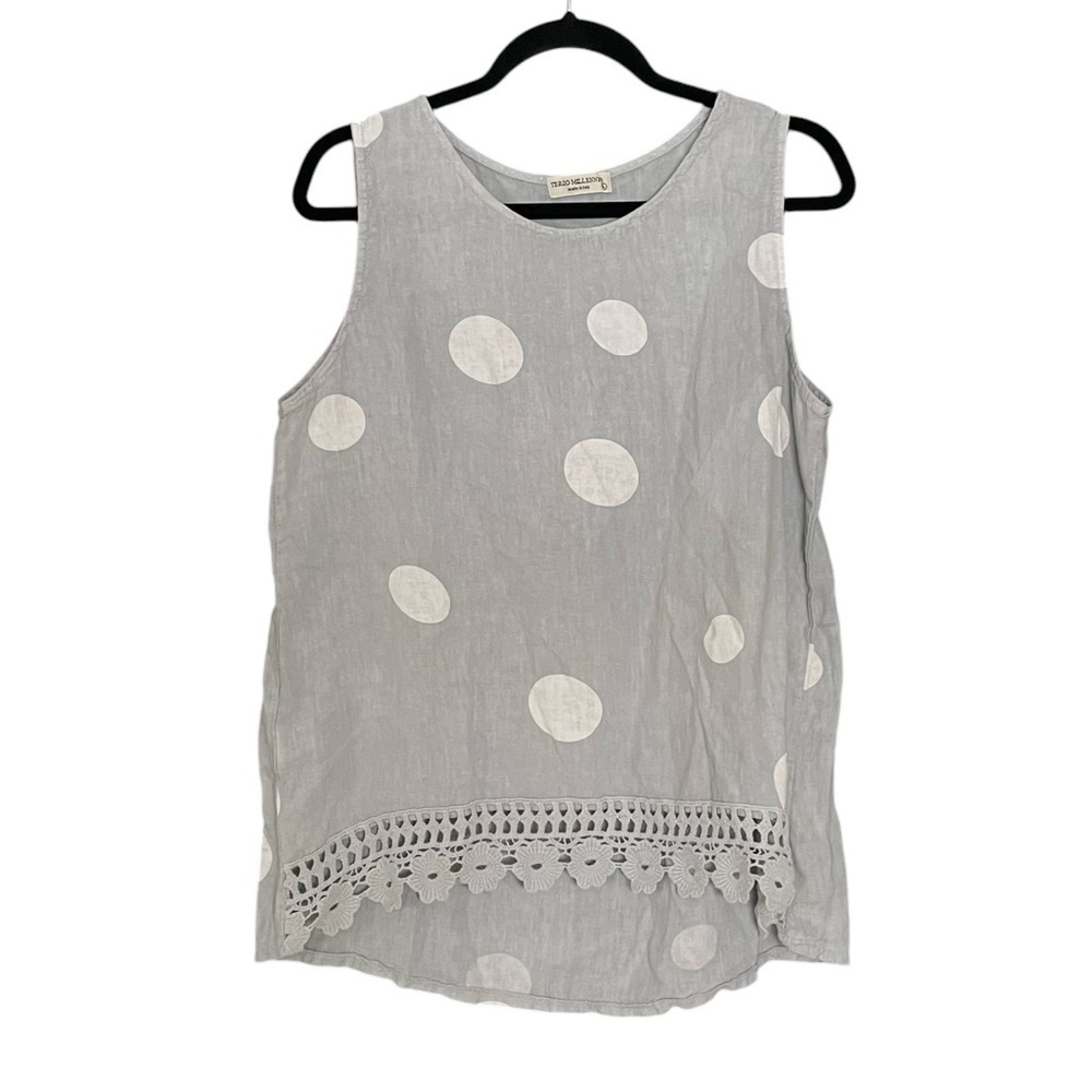 TERZO MILLENNIO Italy Linen Sleeveless Blouse Polka Dots Embroidery Grey White L